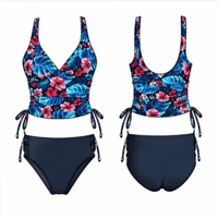 OEM ODM Custom Bikini Wanita Dua Potong Pinggang Tinggi V-Neck Motif Bunga Warna Solid High Cut Seksi Push-up Baju Renang Depan