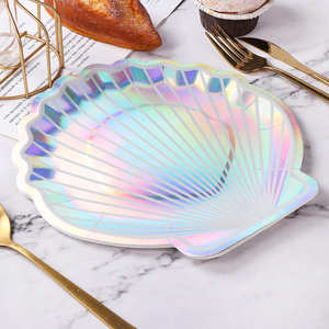 Assiettes en papier de coquillage festonné de sirène <span class=keywords><strong>Assiette</strong></span> de vaisselle de fête jetable Feuille holographique Fête de sirène sous la mer Événement sur le thème - Product Image 2