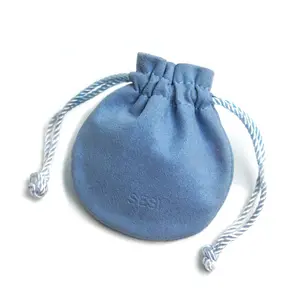 Personalized Beautiful Embossing Logo Drawstring Microfiber Round Jewelry Bags Pouch Blue