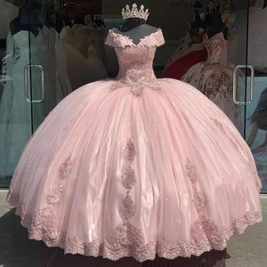 Pink Sweetheart Ball Gown Off Shoulder Applique Prom Dress Satin Empire Waistline Candy Color Princess Style - Product Image 4