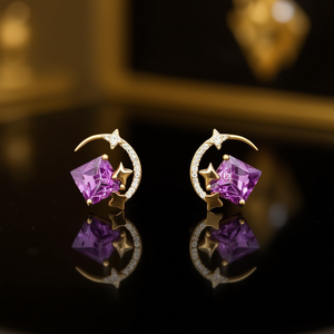 Boucles d'oreilles en or E2340 avec cristal violet, design étoile et lune, pour femmes, à porter au quotidien, bijoux mignons et tendance - Product Image 2