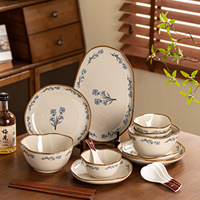 Ensemble de bols et d'assiettes en céramique de style japonais de haute qualité, motif végétal, passe au micro-ondes, utilisation domestique, cadeau de pendaison de crémaillère