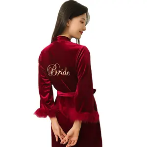 Conjunto de pijama para mulheres, roupões de dama de honra coreanos de penas de veludo dourado de alta qualidade