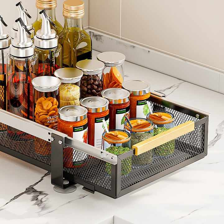 Kitchen Bathroom Tool Spice Storage Sliding Drawer Metal Basket Pantry
