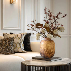 शाश्वत सुरुचिपूर्ण भूरे रंग-सोने के ग्रेडिएंट पुष्प-पैटर्न फ्रॉस्टेड ग्लास वेस ब्राउन-गोल्ड टोन शानदार बेडरूम सजावट - Product Image 1