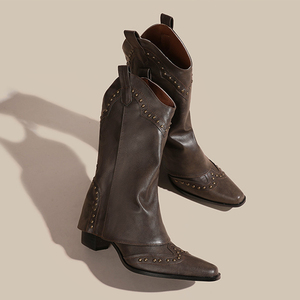 Stivale Texano Retrò Autunno Inverno 2024 da <span class=keywords><strong>Donna</strong></span> Impermeabile con Punta Sottile <span class=keywords><strong>Tacco</strong></span> e Fondo Spesso Stivaletto Casual da Cavaliere - Product Image 4