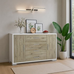 Aparador doble, 137x41 cm, H. 84, blanco óxido y roble rústico - Product Image 1