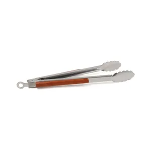 BBQ Accessories Stainless Steel Tong With Wooden Handle Barbecue Grilling Cooking Locking Food Tongs