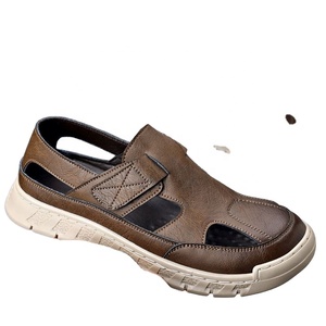 Sandales en cuir pour hommes, plates, à bout ouvert, style preppy, couleur unie, semelle extérieure en caoutchouc, semelle intermédiaire PHYLON, confortables, antidérapantes - Product Image 1
