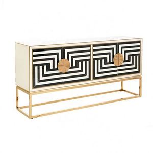 Buffet Moderne Jonathan Adler à Rayures Noires et Blanches avec Portes Vitrées, Meuble de Rangement Op Art pour Salon - Product Image 1