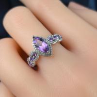 Bague en argent sterling 925 plaqué rhodium avec améthyste naturelle taille marquise, vente en gros d'usine, pour femme, cadeau, usage quotidien