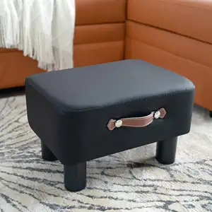 Banco retangular para apoio de pés sob a mesa, assento baixo cinza com pernas de madeira para sofá