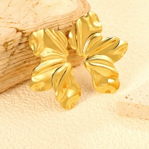Customized Wholesale Dainty 18K Gold Plated <b>Stud</b> Earrings Jewelry Trendy Hammer Half Flower Stainless Steel <b>Stud</b> Earrings - Product Image 5