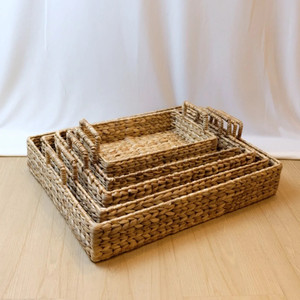 Tissage naturel jacinthe d'eau osier plateaux de service ensemble de 6 plateaux avec poignées intégrées organisateur de stockage ouvert panier de service - Product Image 2