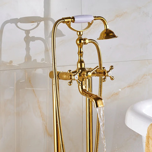 Ensemble de robinets de baignoire en laiton doré noir et antique, seau en bois froid et chaud, pommeau de douche style téléphone - Product Image 3