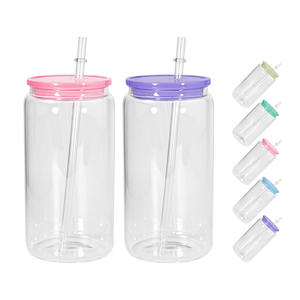 US Warehouse Wholesale 25pcs/case 16oz <b>Clear</b> Sublimation Glass Can with Colored pp <b>Lids</b> and <b>clear</b> Plastic Straw - Product Image 3