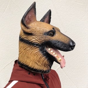 Maschera in lattice da Pastore Tedesco <span class=keywords><strong>a</strong></span> testa intera, color marrone chiaro, con texture realistica, dettagli neri, bocca aperta, lingua rosa, denti affilati, morbida, per feste - Product Image 2