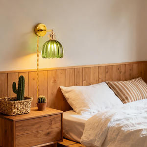 Rustic <b>Wall</b> Lamp Green Glass Shade E27 Copper Body <b>Switch</b> Control LED <b>Light</b> Source <b>Wall</b> Mounted Bedroom Lighting - Product Image 1