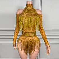 Combinaison de danse scintillante multicolore à col montant et épaules dénudées avec franges en strass, en Spandex/Nylon, pour spectacle de danse et Drag