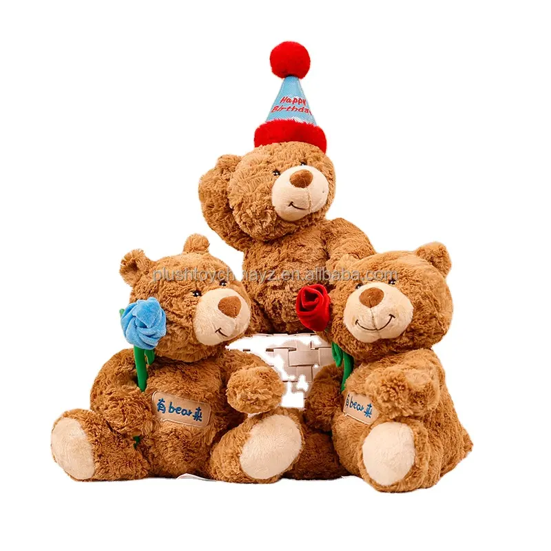 Teddy Bear with Flower Happy Birthday Hat Gift Stuffed Plush Bear For Children