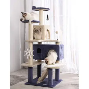 Luxury Wooden Pet-Friendly Cat Scratch Post Tree House Five Platforms Cat Trees for Climbing House Pet Play