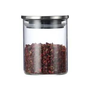 Tapa de acero del fabricante tanque sellado de vidrio de borosilicato alto tanque de almacenamiento de grano de té transparente recto tanque de almacenamiento de tapa de cocina