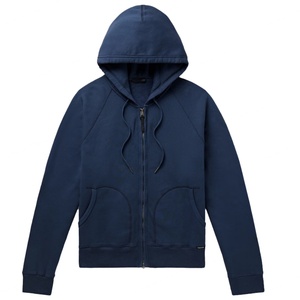 Sweat-shirts à capuche zippés bleu marine personnalisés 100 % coton avec fermeture double sens, tenue homme, survêtements avec étiquette en cuir - Product Image 1