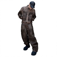 Ensemble streetwear homme en cuir gaufré, veste et pantalon longs, motif floral, coupe ample, pour l'hiver