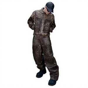Conjunto de Ropa Urbana de Cuero Repujado para Hombre, Chaqueta Larga y Pantalones con Estampado Floral, Corte Holgado, Ropa de Invierno - Product Image 2