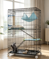 Cage à chat noire en fer massif, simple, à monter soi-même, avec roulettes, accessoires complets, griffoir, hamac suspendu, coussins moelleux, pour intérieur, multi-usages