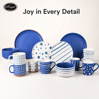 Service de table en céramique bleu roi SWT, peint à la main, motif à pois et rayures, assiettes, bols, tasses, vente en gros