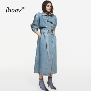 IHOOV extérieur Double boutonnage ceinturé Denim manteau long manteau automne vêtements femmes dames denim longue veste - Product Image 1