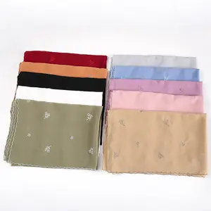 Factory price plain embroidered bubble scarf Muslim chiffon Hijab shawl High quality solid color headscarf bag