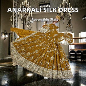 Robe Anarkali Salwar Kameez Traditionnelle Indienne et Pakistanaise Tendance pour Femme – Mariage, Hiver, Été – Soie Satinée Japonaise Moutarde - Product Image 2