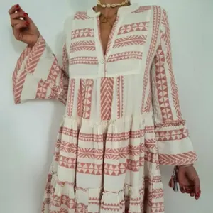 Bohemian Geometrische Zomerprint V-Hals Lange Mouw Vrouwen Strandvakantie Maxi Jurk