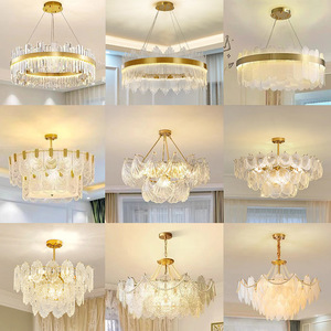Lustre en acier inoxydable cristal couleur or, suspension LED E26 3500K blanc chaud, hauteur réglable, télécommande pour salon - Product Image 2