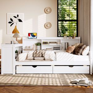 White Solid Wood Desk And Bed Combo With Bookshelf And <b>Drawers</b> <b>Storage</b> Multi Functional For Children Adults Elderly - Product Image 2