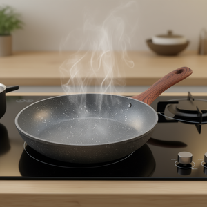 Juego de sartenes antiadherentes de aluminio de 9.5, 11 y 12 pulgadas, color gris, precurado, con mango de madera, compatible con inducción - Product Image 2