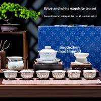 Service à thé Kung Fu bleu et blanc en céramique pure, avec bol à couvercle délicat et tasse à thé, style ethnique, pour usage domestique