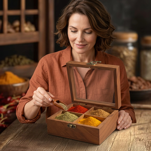 Premium Round Wooden <b>Spice</b> Box with Inlay Design 4 Containers Dishwasher Safe & Eco-Friendly for Storing <b>Spices</b> and Herbs - Product Image 1