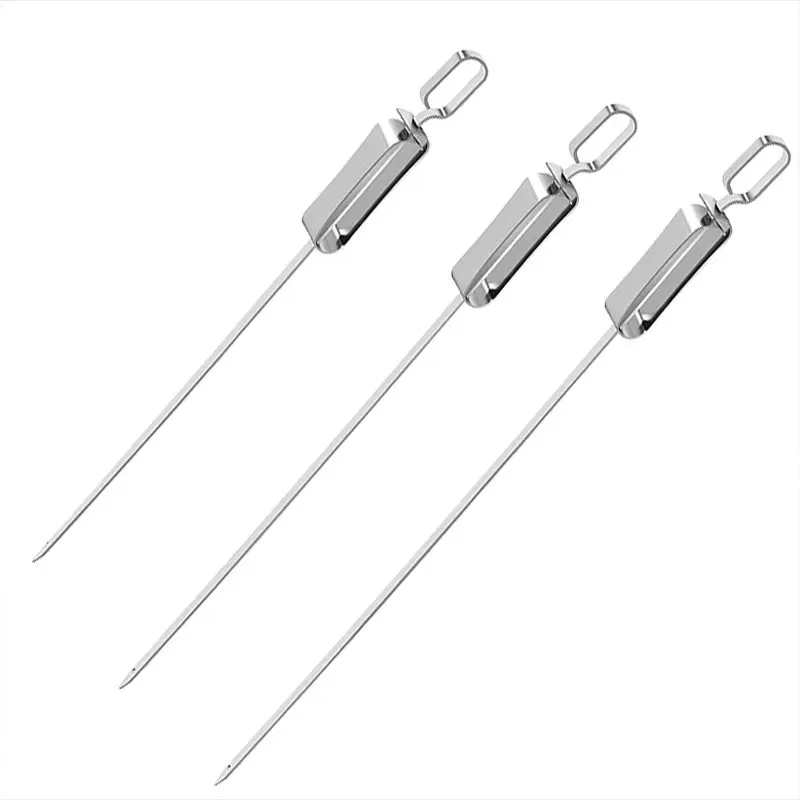Stainless Steel kabob skewers with push bar for grilling long flat bbq skewer sticks reusable metal roasting bbq tools outdoor