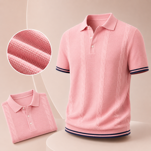 เสื้อโปโลถักลายวาฟเฟิลสีชมพูพรีเมียมสำหรับผู้ชาย ตกแต่งขอบตัดกันแบบมีเท็กซ์เจอร์ แขนสั้น สไตล์ Old Money Resort สำหรับผู้ชาย - Product Image 1