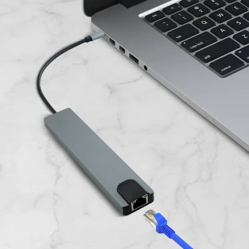 Stasiun Dok Tipe C 8 in 1, dengan USB 3.0 HDMI, kartu jaringan ekspansi Hub untuk pengaturan Monitor ganda