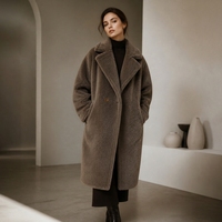 Manteau Teddy en Pure Laine Mi-long pour Femme Automne Hiver, Gris, Col Revers Oversize, Minimaliste, Décontracté, Blazer Long en Laine