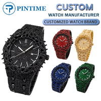 Logo Kustom OEM ODM Pabrik Paduan Seng Tahan Air 30M Berlian Imitasi Bezel Berduri Dial Bertabur Kristal Jam Tangan Pria Grosir Quartz Iced Out