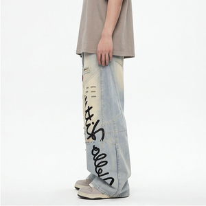 Jeans déchirés imprimés tendance pour hommes – Nouveauté printemps-été – Pantalons amples à jambe <span class=keywords><strong>large</strong></span>, <span class=keywords><strong>coupe</strong></span> <span class=keywords><strong>droite</strong></span> et <span class=keywords><strong>coupe</strong></span> incurvée style urbain - Product Image 3