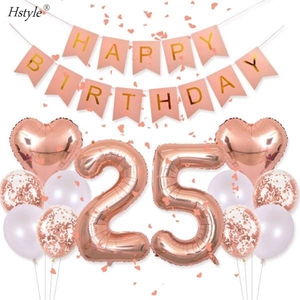 Pancarta de Feliz Cumpleaños, Globos de Número <span class=keywords><strong>25</strong></span> en Oro Rosa, Globos de Confeti en Oro Rosa, Artículos para Fiesta de <span class=keywords><strong>25</strong></span> Cumpleaños SET016 - Product Image 1