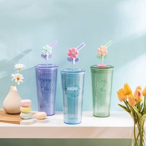 Blue 26oz Stainless Steel Tumbler <b>with</b> Cute Flower <b>Straw</b> Plastic <b>Water</b> <b>Bottle</b> for Spring and Summer - Product Image 6