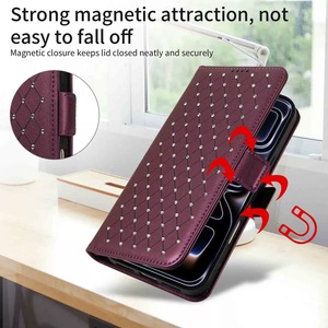 Étui de téléphone en cuir PU avec porte-cartes et dragonne pour Samsung S26 Ultra, motif treillis de diamants, avec fil à coudre - Product Image 4