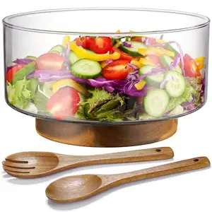 Akasya ahşap salata maşası ile cam salata kasesi büyük kapasiteli tasarım çok fonksiyonlu çanak tepsi